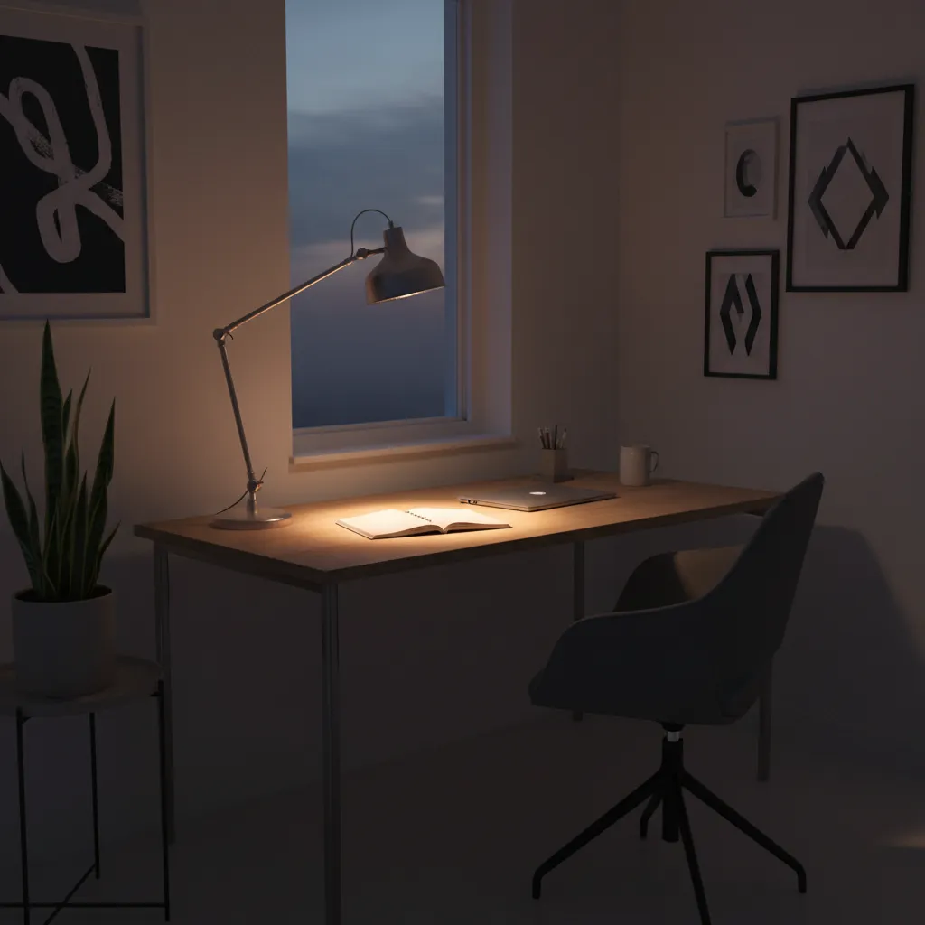 desk with focused task lamp instead of full room lighting