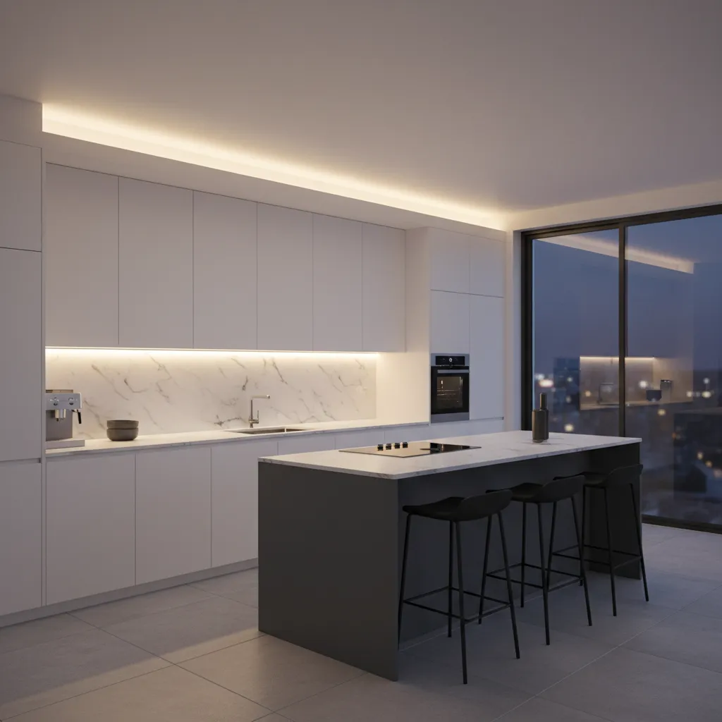 kitchen countertop with focused task lighting under cabinets