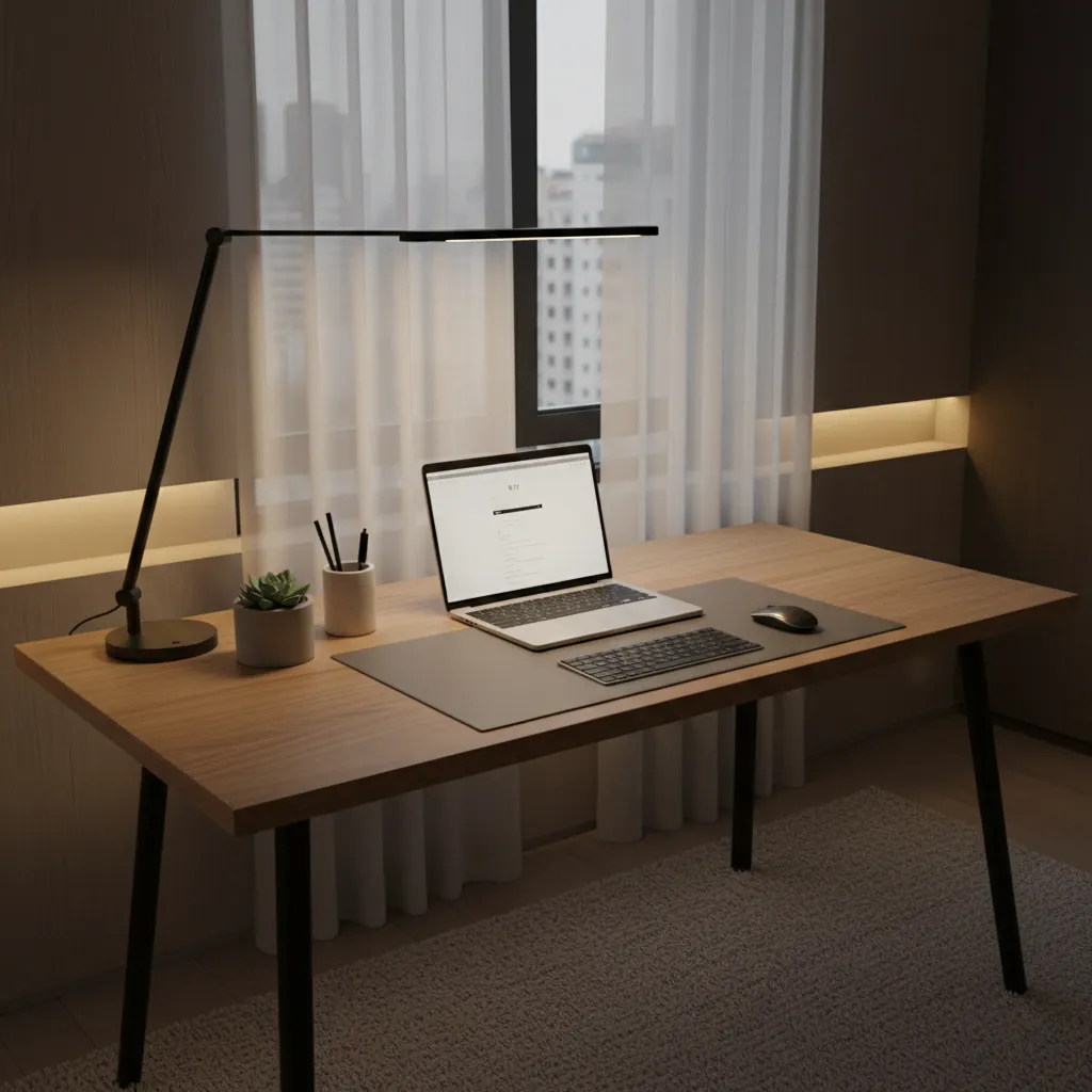 Office desk with task lamp demonstrating layered lighting strategy for efficient lighting power density
