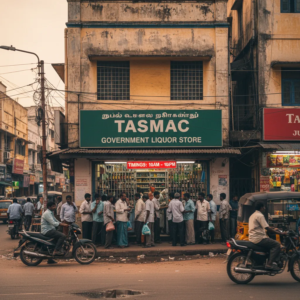 Exterior of a busy TASMAC liquor store in Chennai