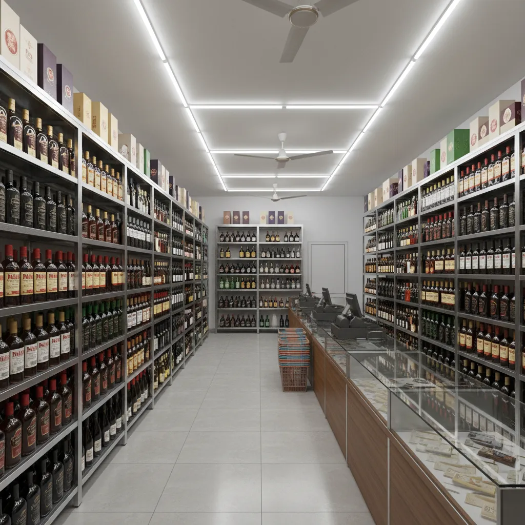 Interior shelves of a TASMAC liquor shop with brandy bottles