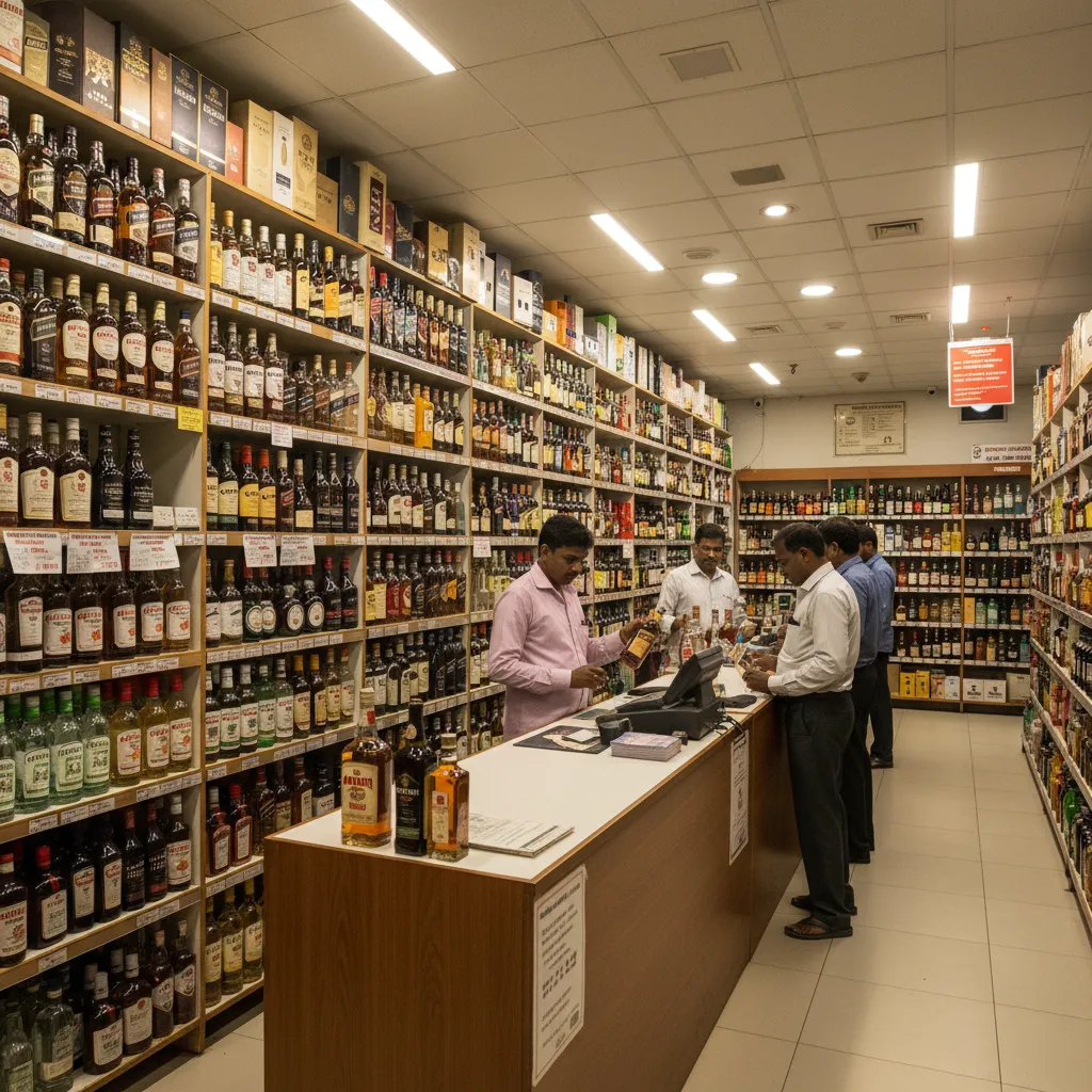 Interior of a TASMAC liquor store with organized alcohol shelves in Chennai