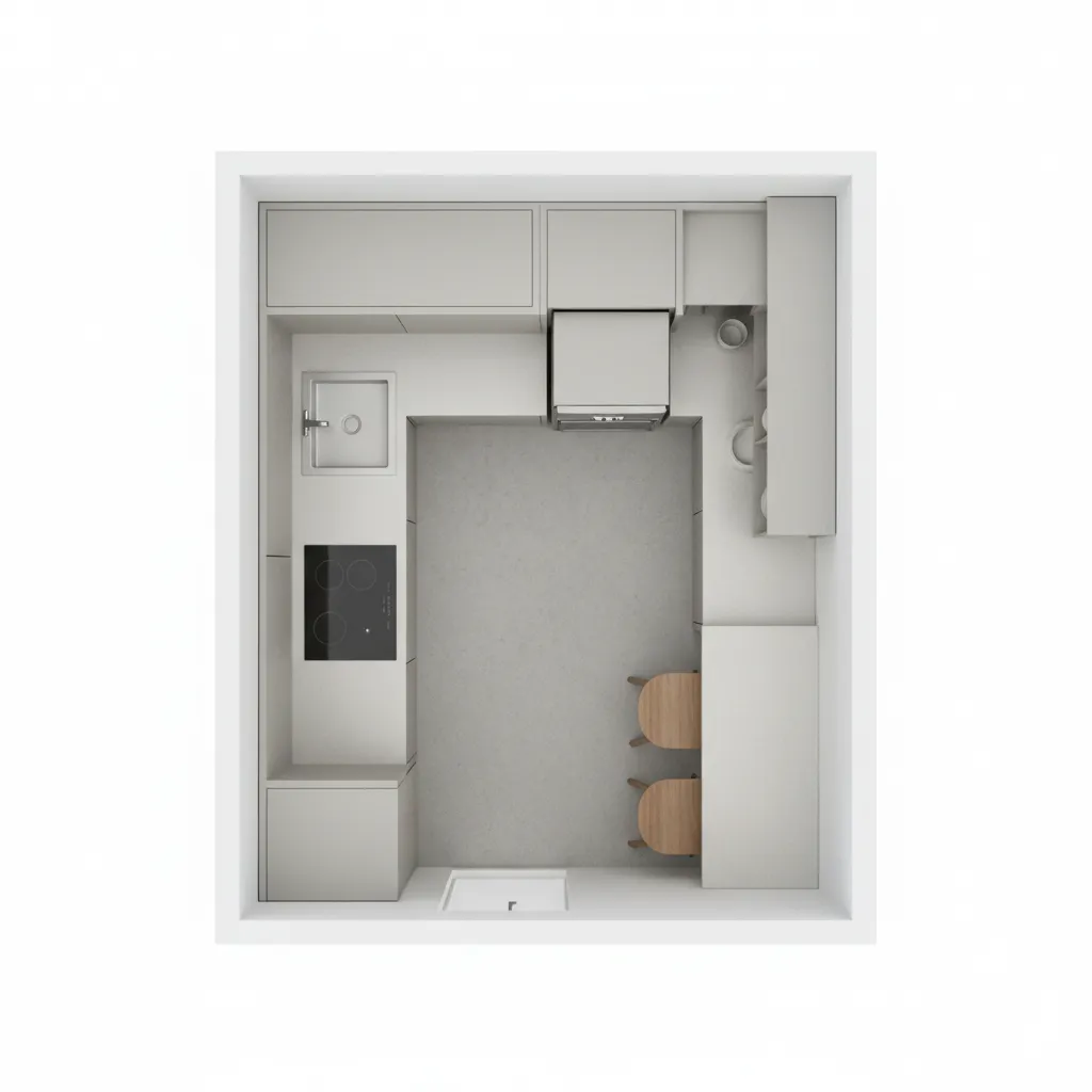 Top view 3D interior design drawing showing small kitchen with white cabinets sink and chairs