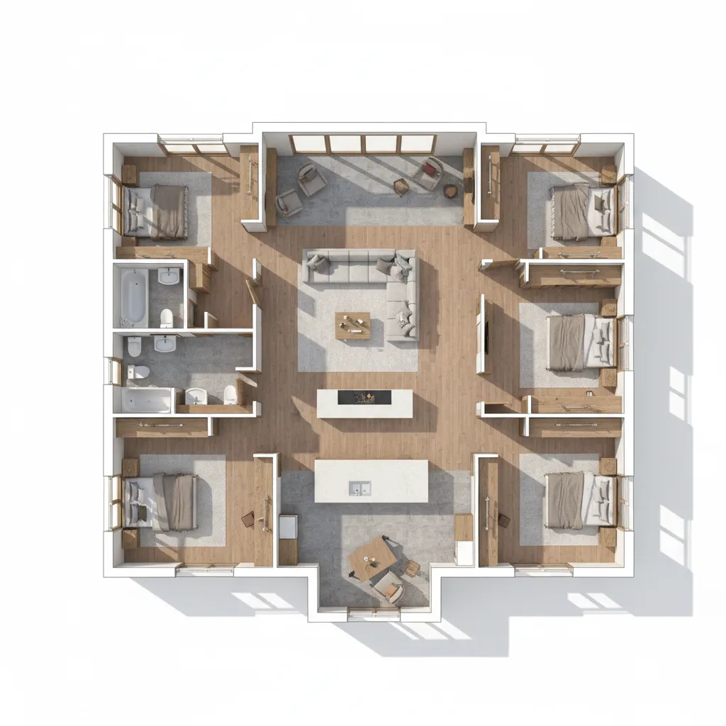 Interior design drawing showing a house layout with five bedrooms, wooden floors, and modern furniture