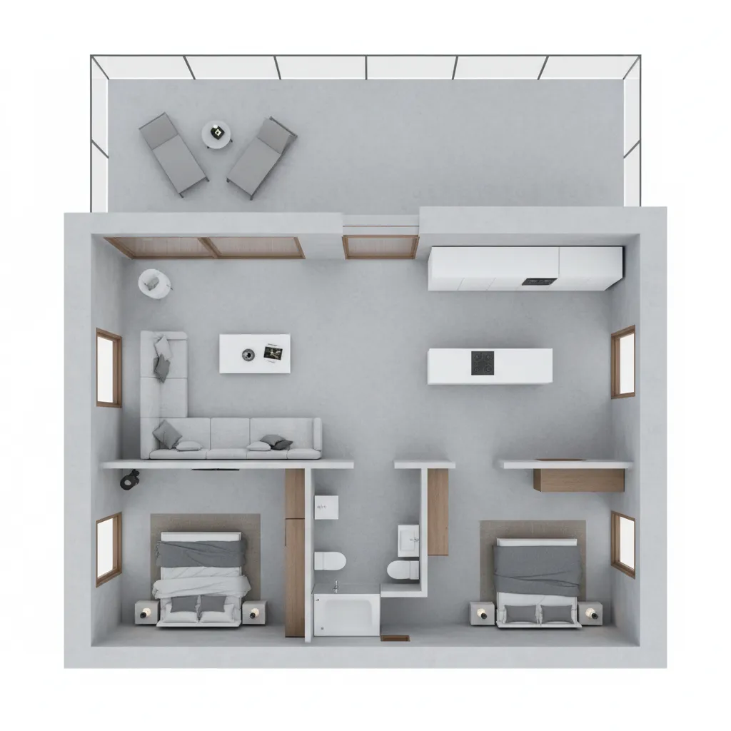 3D room layout showing living room kitchen two bedrooms one bathroom and an outdoor balcony
