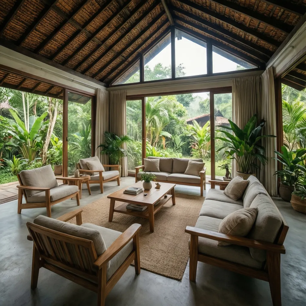 Interior rumah kampung dengan ruang tamu terbuka dan jendela besar