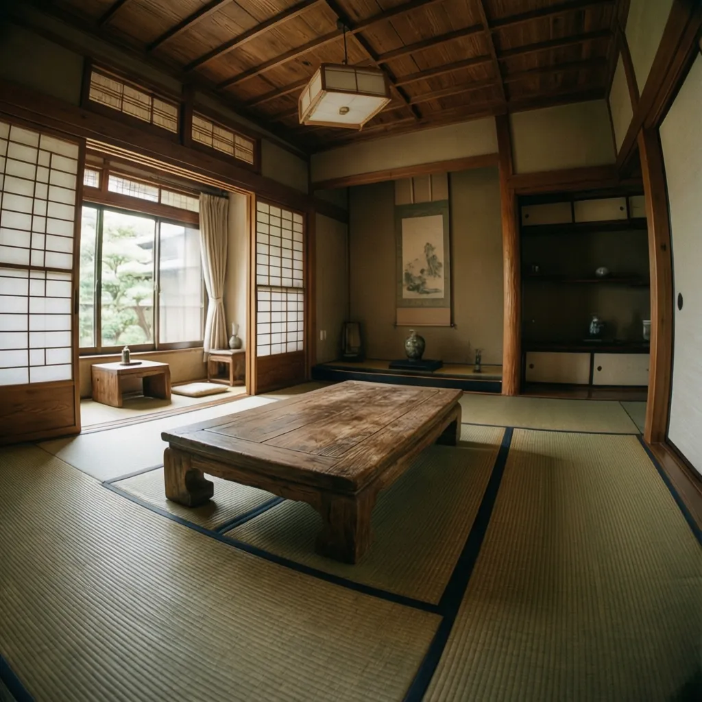 Habitación japonesa tradicional con tatami y mesa baja