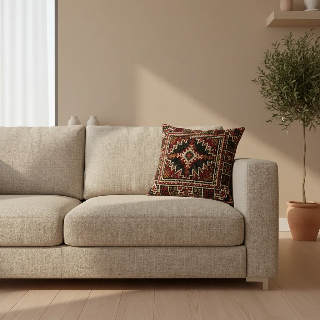 Neutral sofa with single Palestinian tatreez embroidered pillow accent