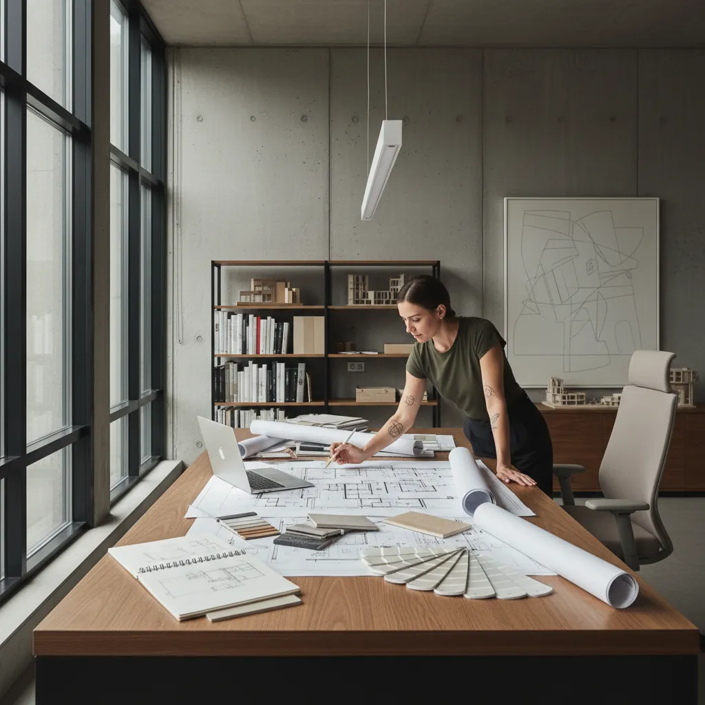 Interior designer with visible tattoos reviewing floor plan and material samples