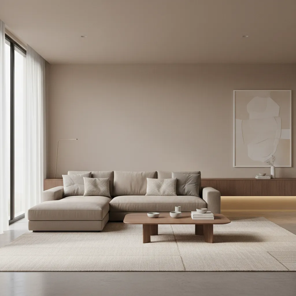 Taupe sofa paired with beige walls and walnut coffee table in nude living room