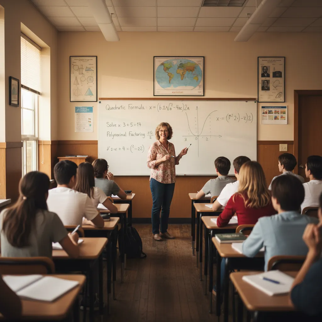 Profesor explicando conceptos matemáticos frente a estudiantes atentos