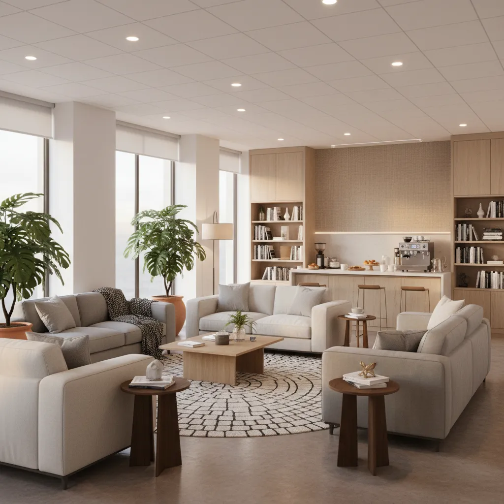 bright teacher staff room with sofa seating and coffee area