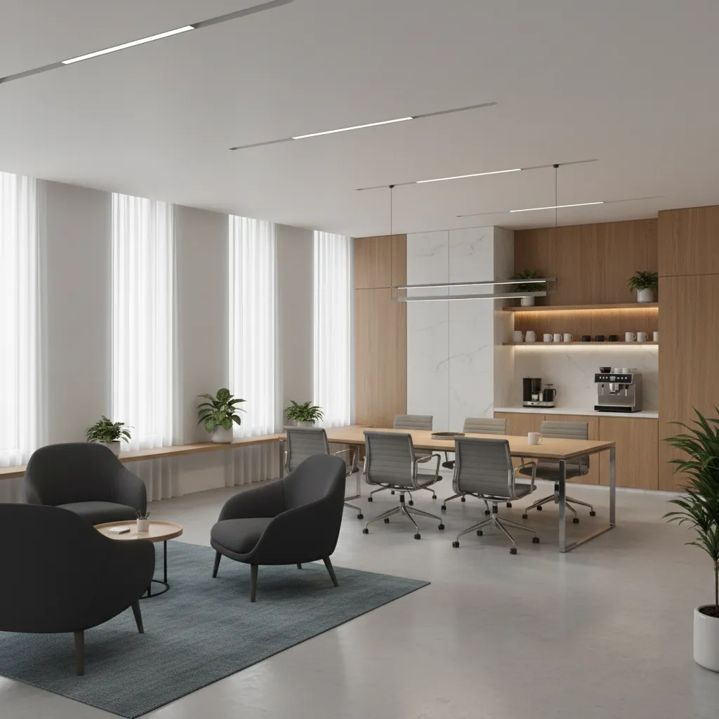 teacher staff room with multiple seating zones for collaboration and relaxation