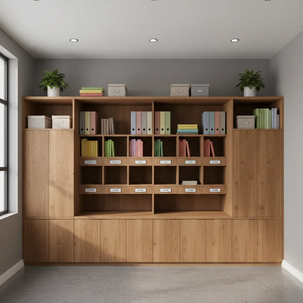 organized teacher staff room storage cabinets and cubbies
