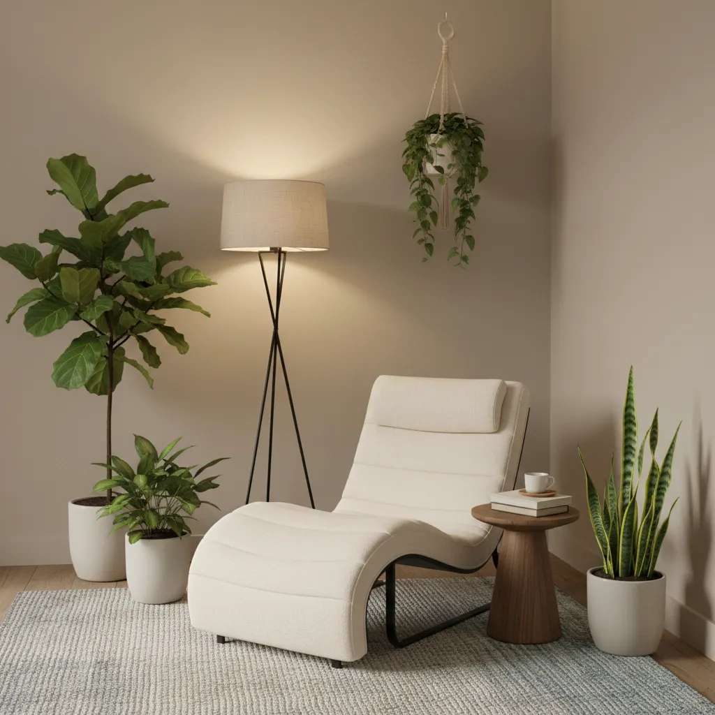 teacher staff room wellness corner with lounge chair and plants