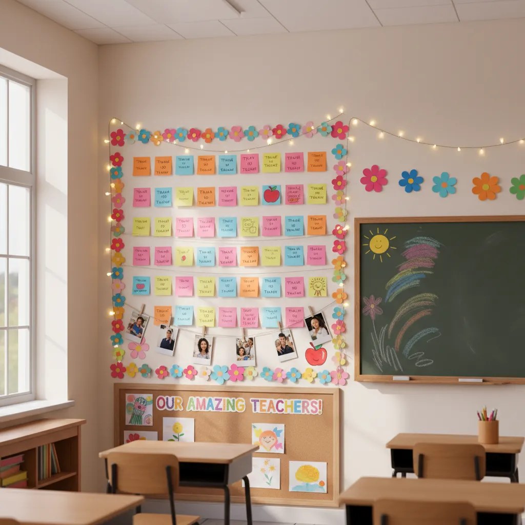 Classroom appreciation wall with thank you notes photos and colorful decorations