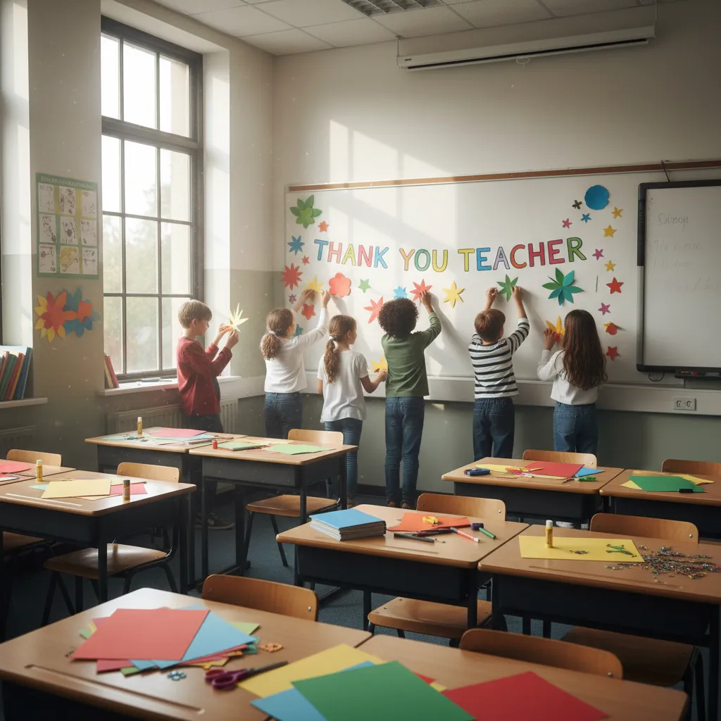 Students decorating classroom wall with thank you teacher banner and paper decorations