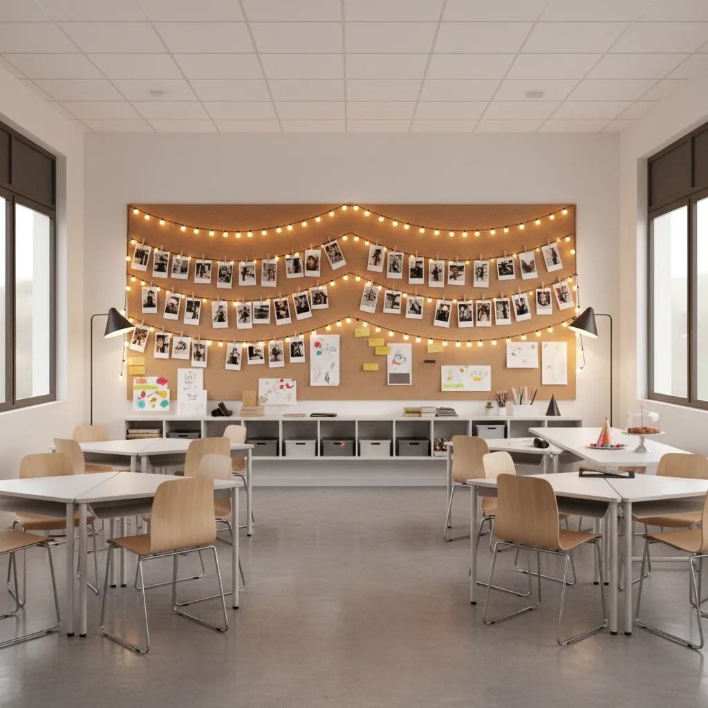 Classroom memory photo display with string lights and student pictures