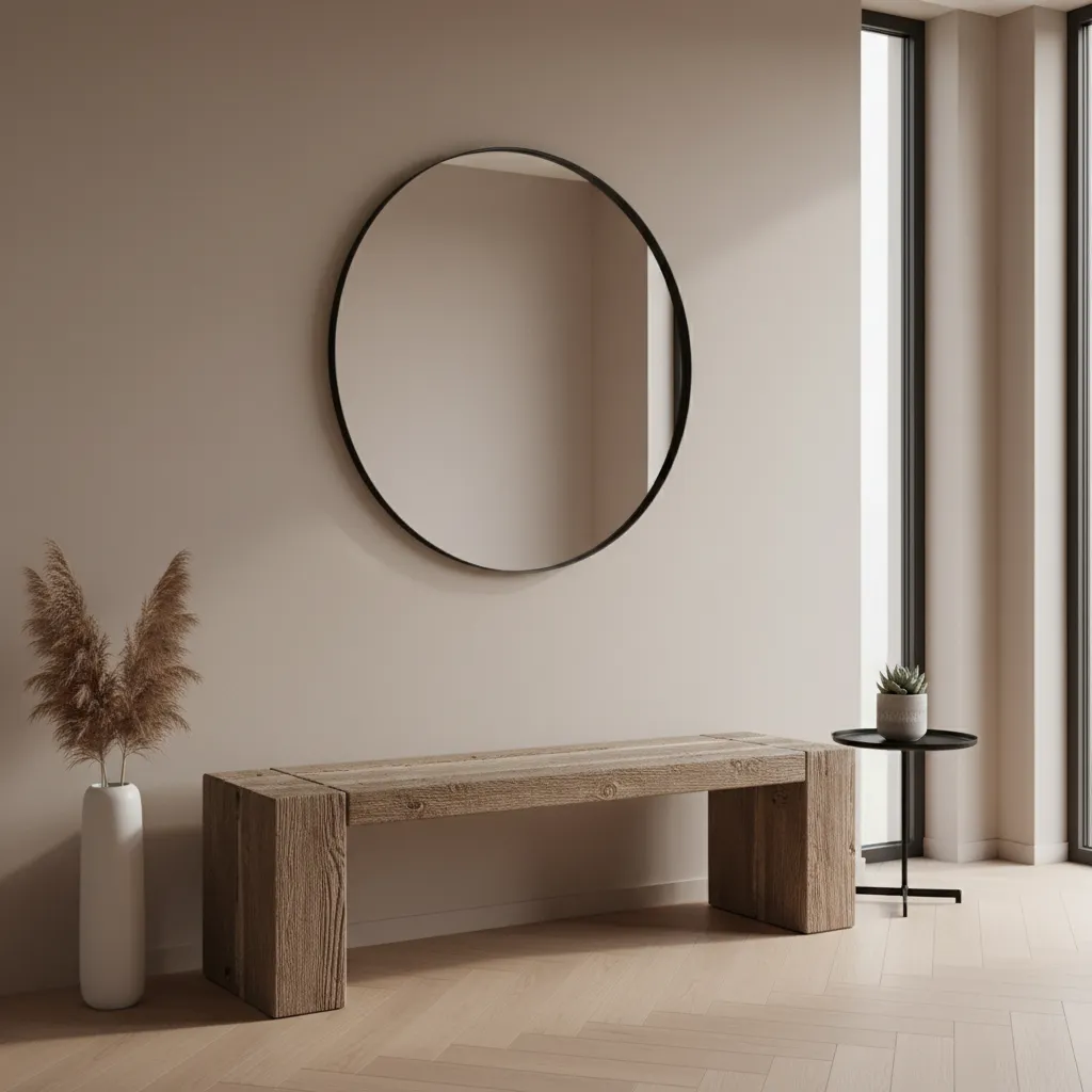 Teak outdoor bench used inside a modern entryway