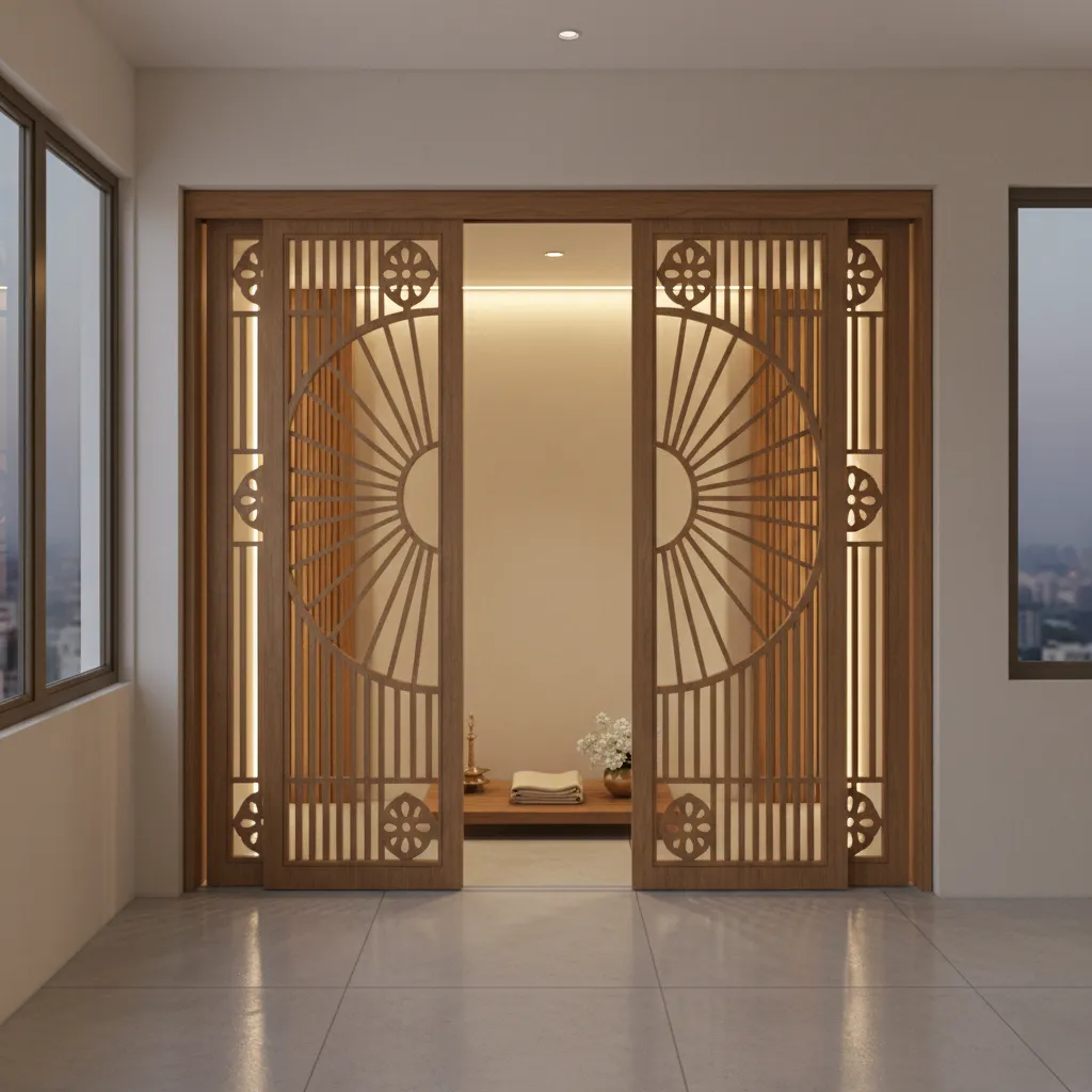 Teak wood jaali pooja door design allowing airflow