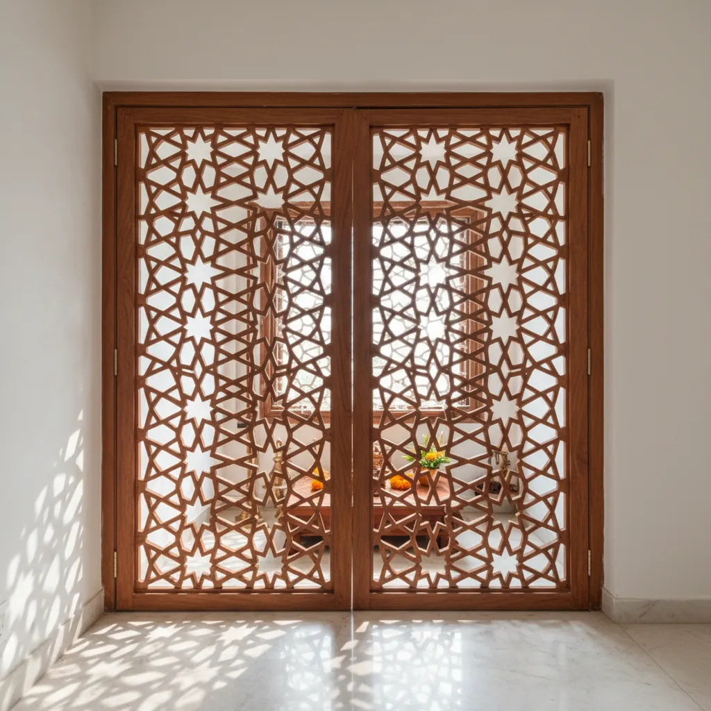 Teak jaali pooja room door allowing light and ventilation