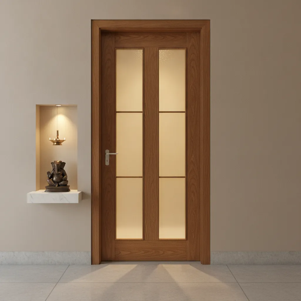 Teak frame pooja room door with frosted glass panels