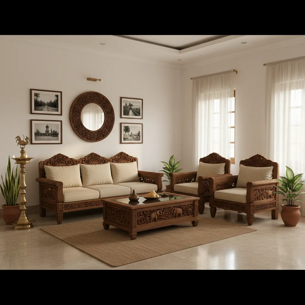 Traditional teak wood sofa set in Kerala living room