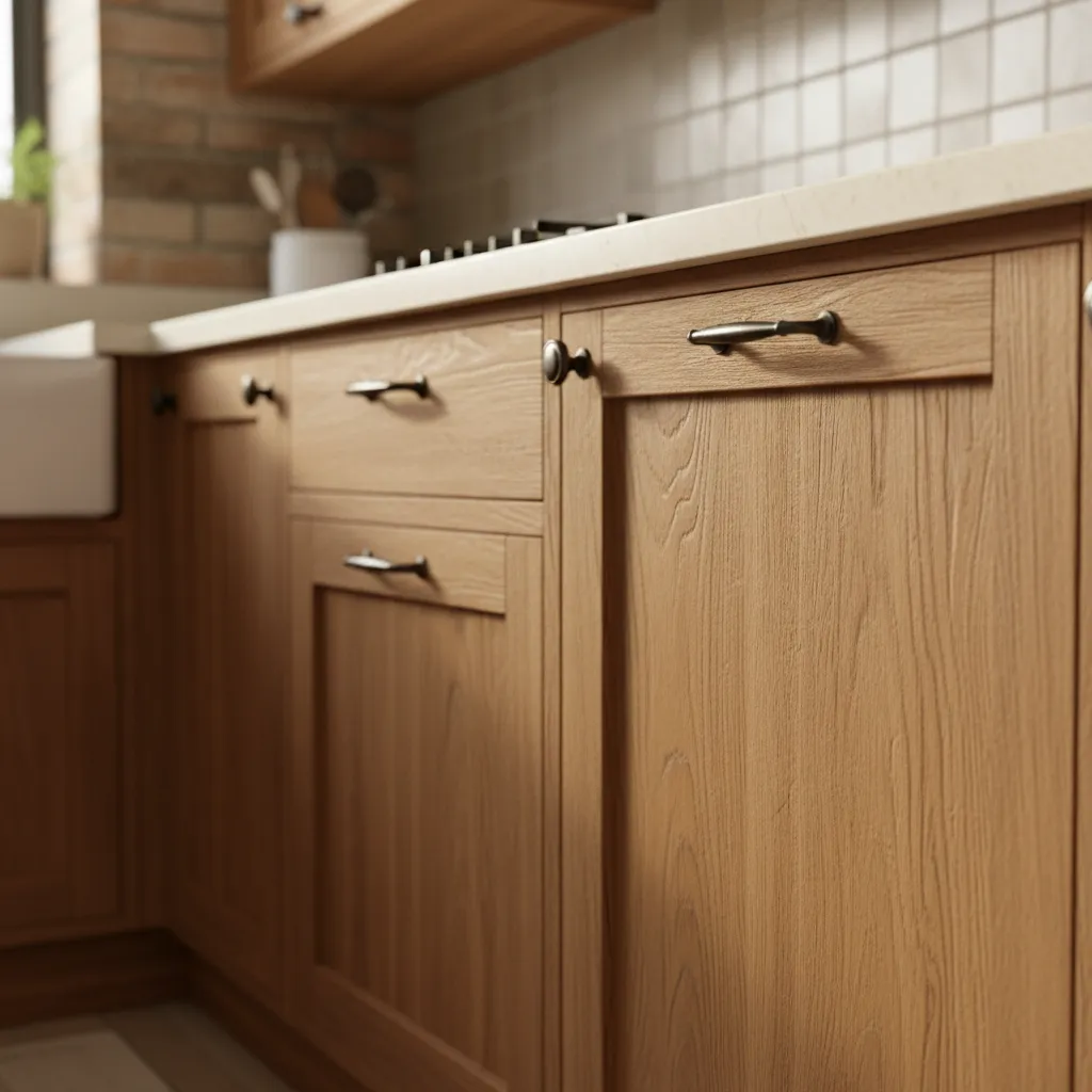 Teak wood rustic kitchen cabinets with natural grain and farmhouse style doors