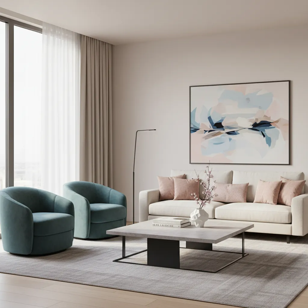 Teal accent chairs paired with neutral sofa in pink themed living room