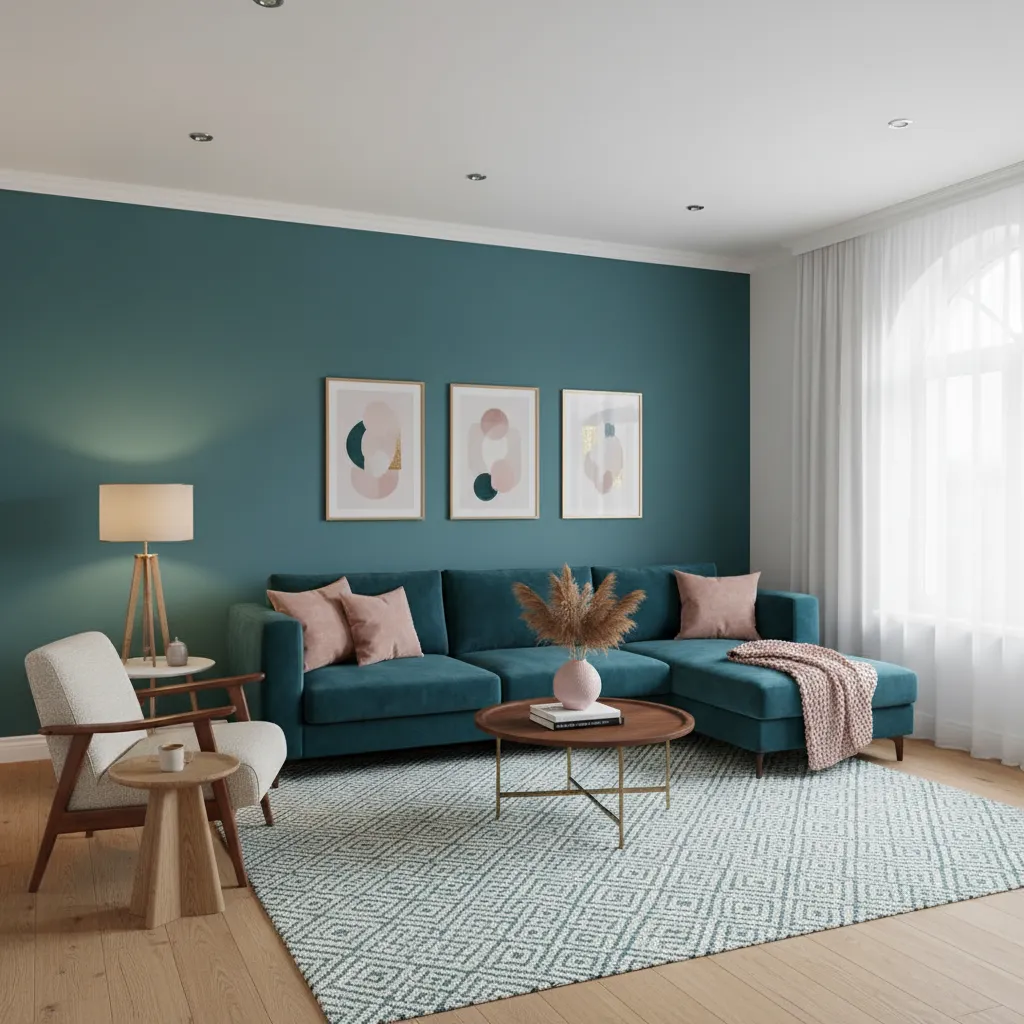 Teal dominant living room design with subtle pink accent decor and modern furniture