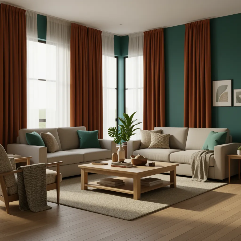 Teal living room with warm rust colored curtains and natural textures