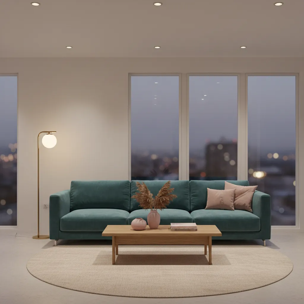 teal sofa living room with warm lighting and light rug for balance