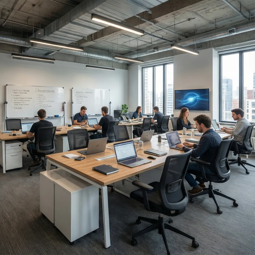 Technology company landscape office with team tables and agile collaboration spaces