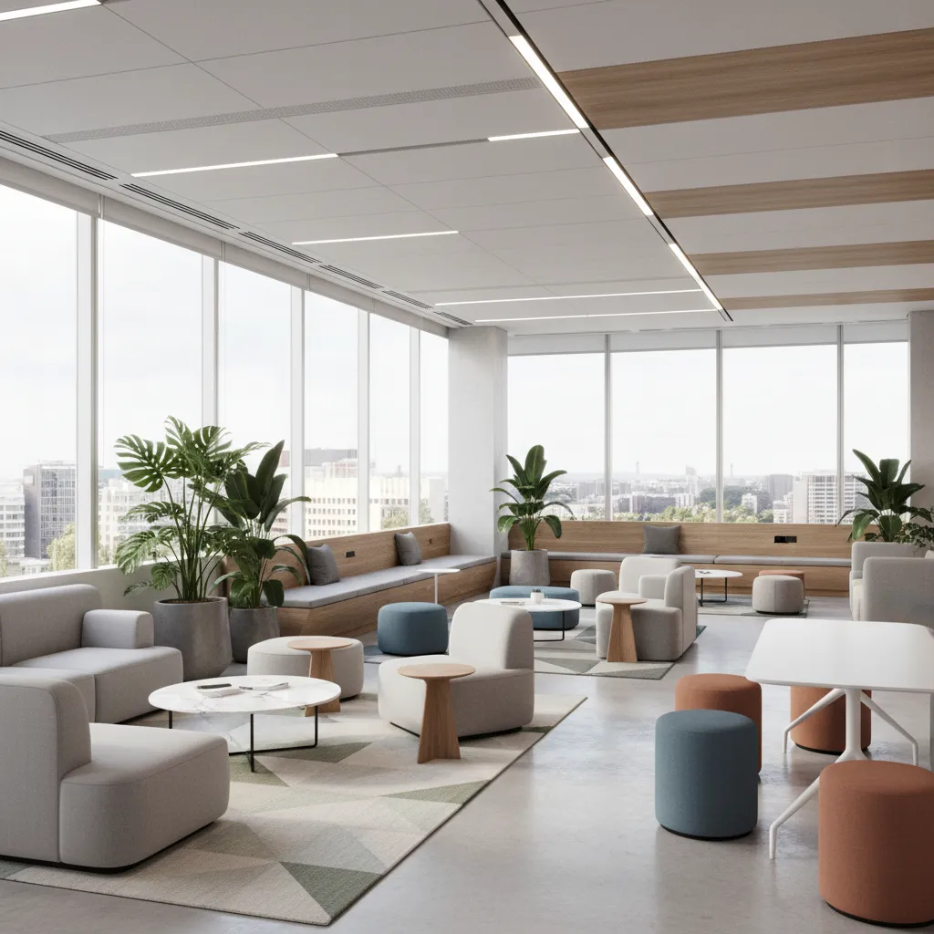 Modern tech company office collaboration lounge with open seating and casual meeting areas