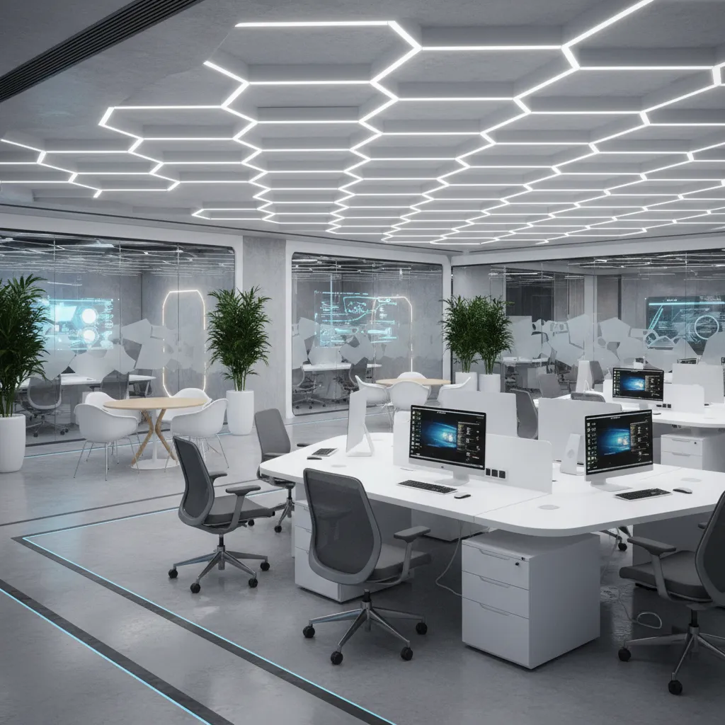 Tech company office with hexagonal POP ceiling modules and LED lighting