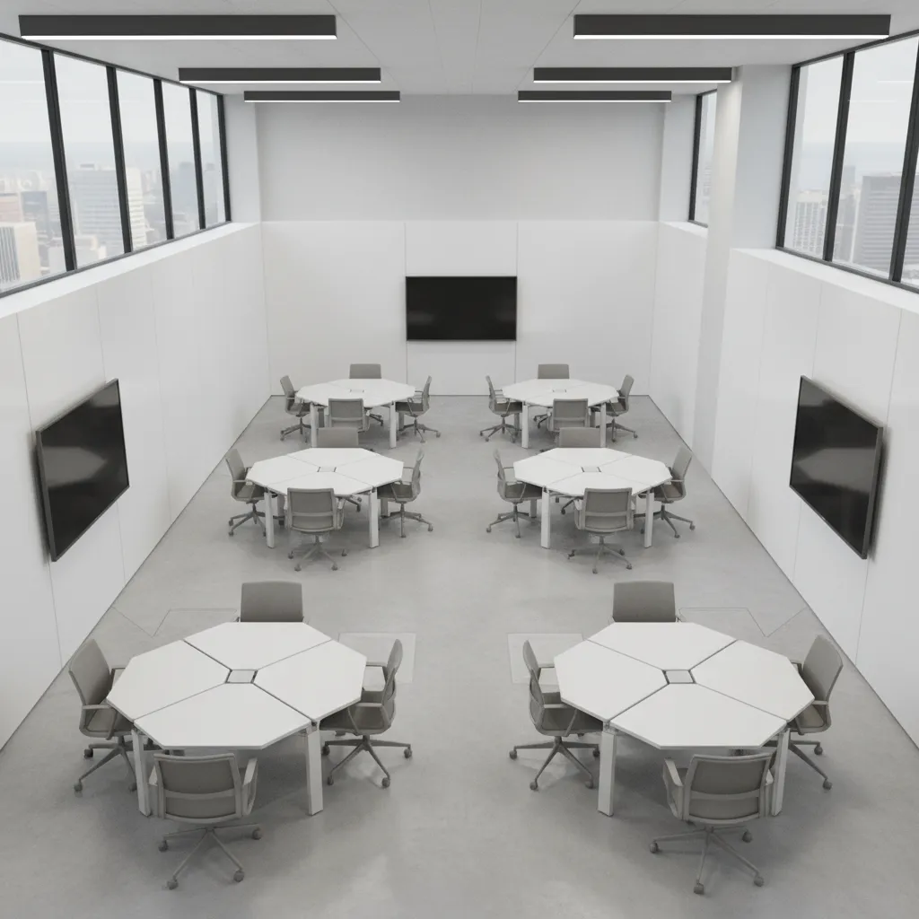 Top view layout of a collaborative tech office meeting room with modular seating