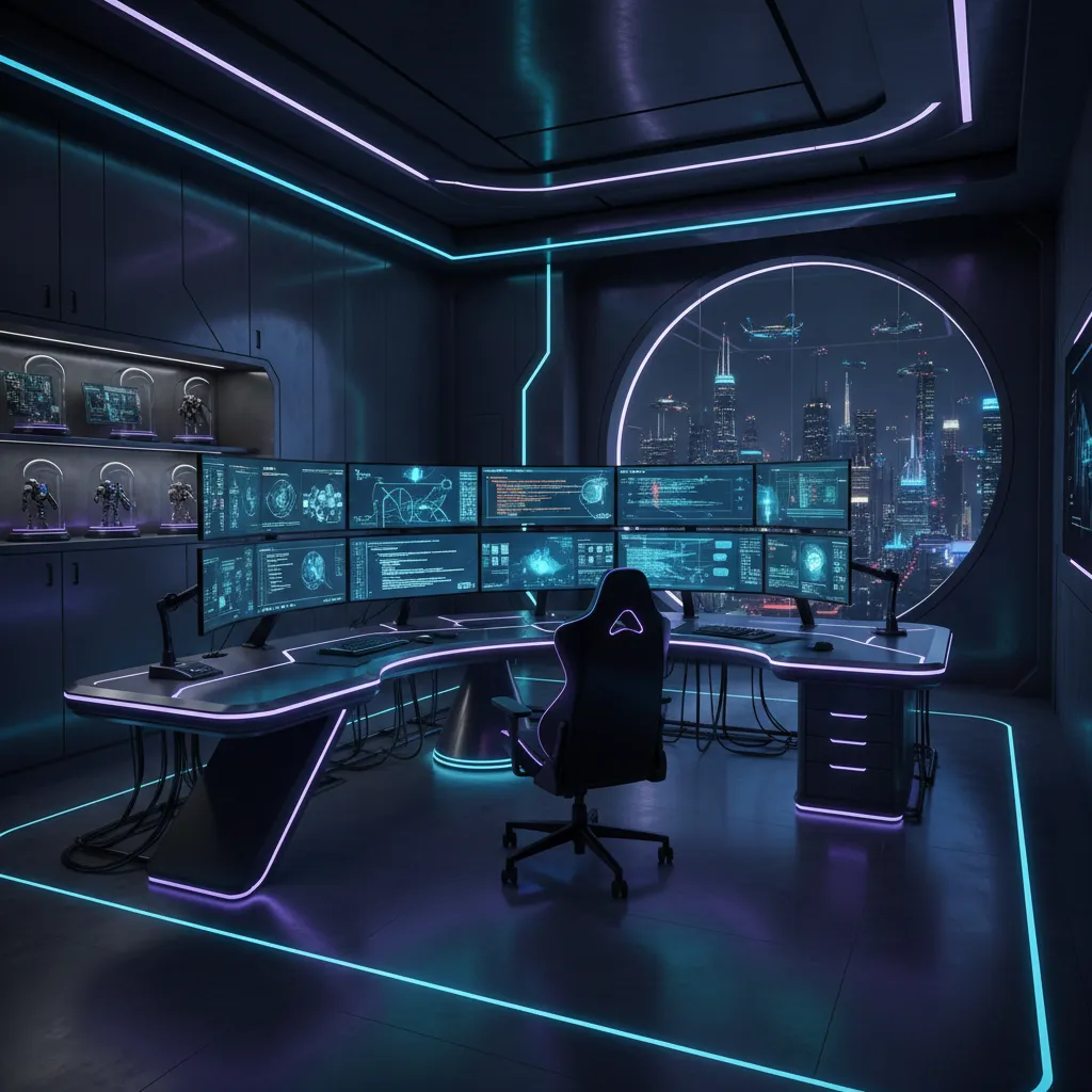 futuristic tech themed engineer office with rgb lighting and multi monitor workstation