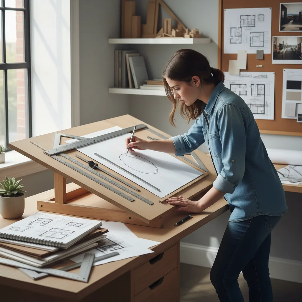 Estudiante realizando ejercicios de dibujo técnico en una mesa de trabajo