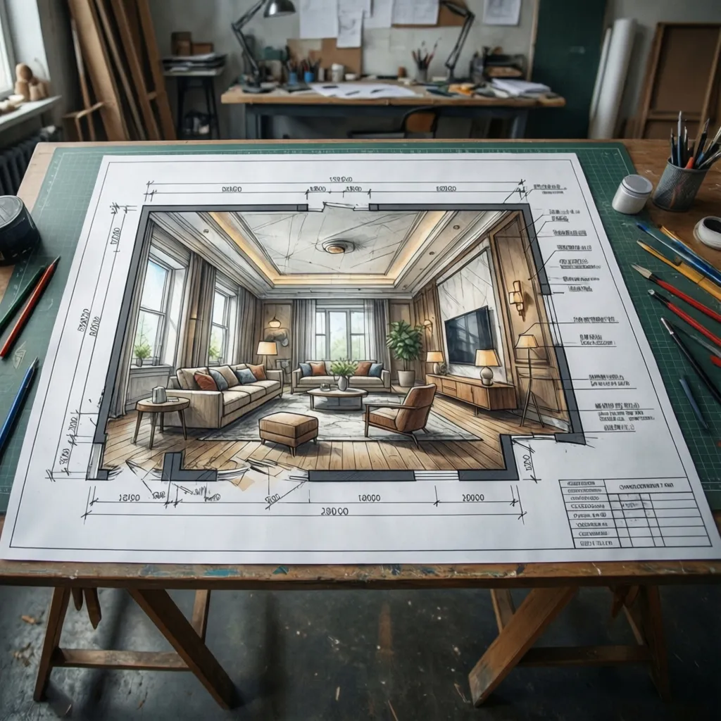 Detailed interior design drawing of a living room with sofa, chairs, wall lights and room dimensions