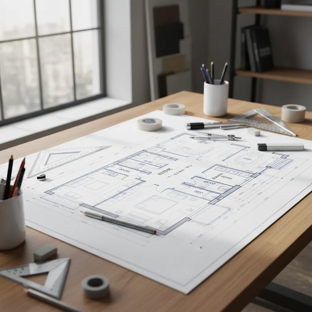 Plano técnico de distribución de interiores sobre mesa de trabajo