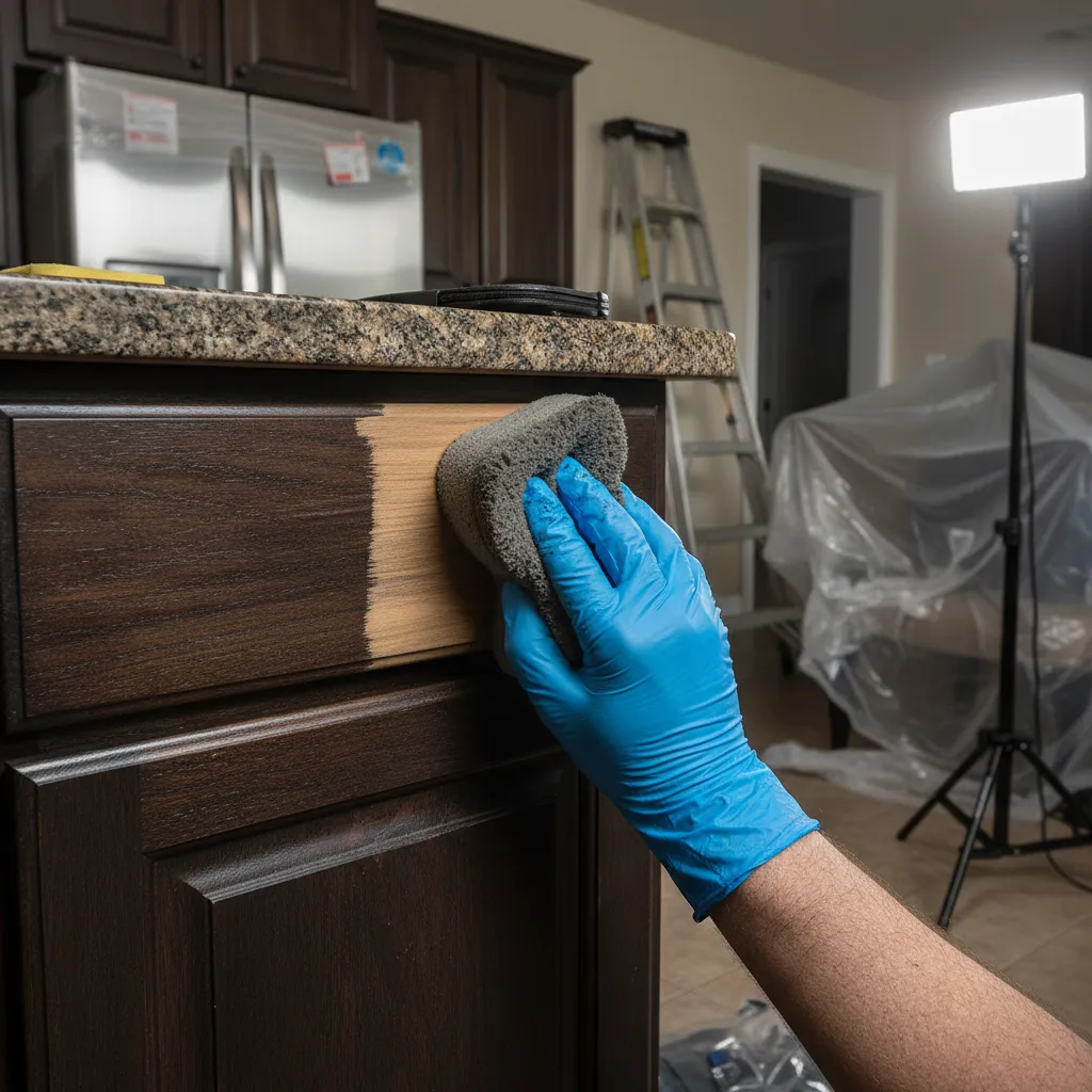 restoration technician using dry sponge to remove soot from cabinet door