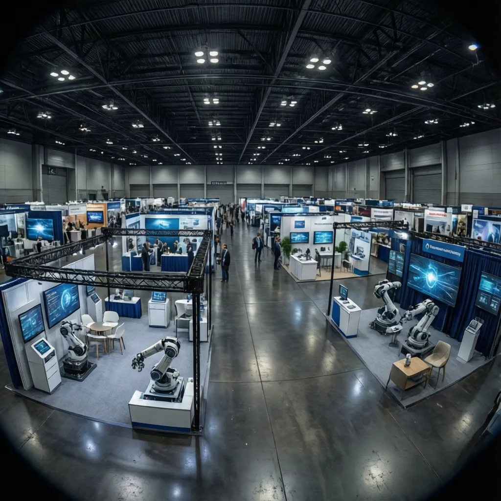 Technology expo inside convention hall with demo booths and large digital displays