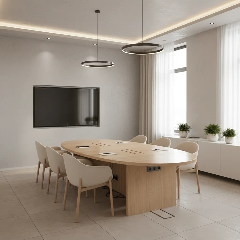 modern meeting room with balanced technology placement supporting communication