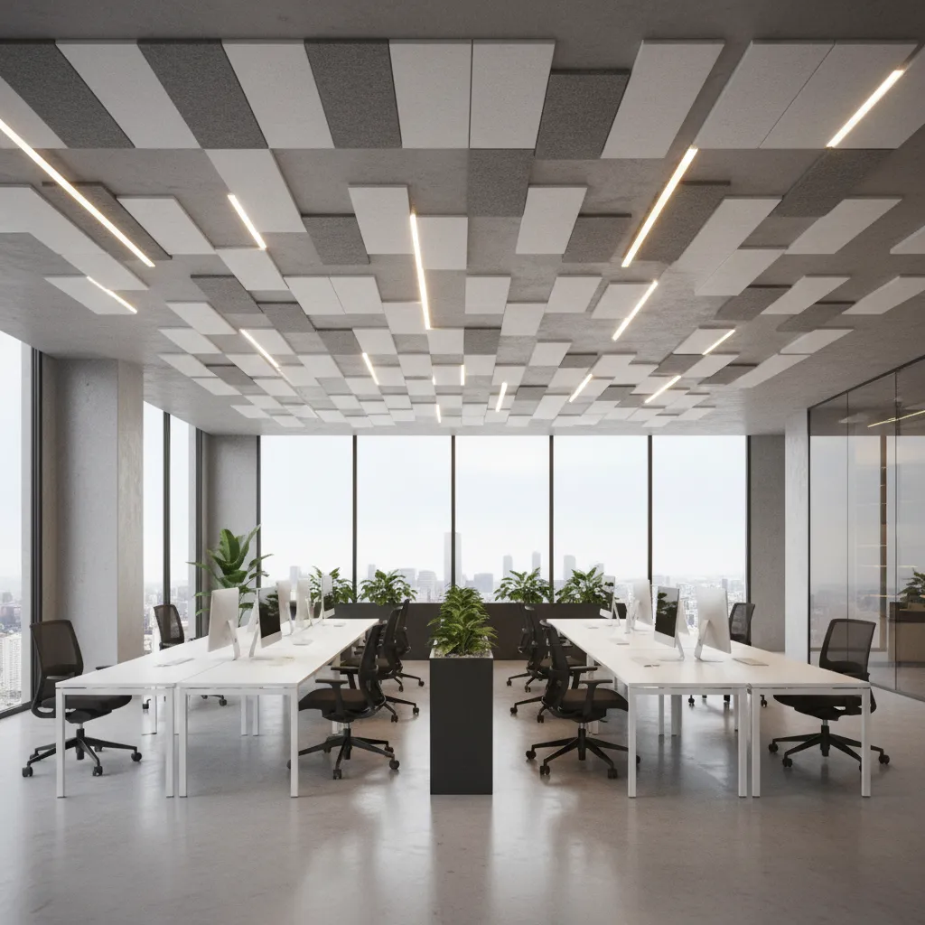 Paneles acústicos decorativos en techo de oficina moderna