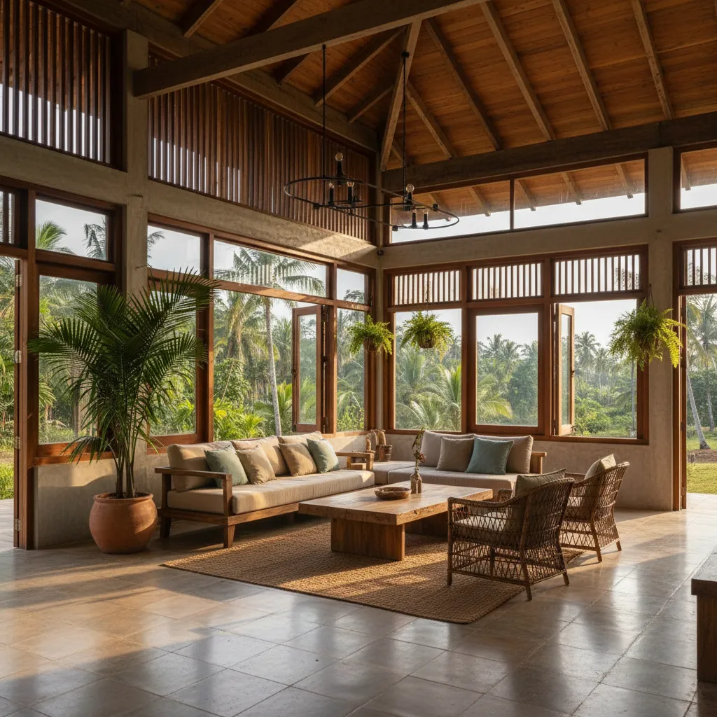 Interior de casa de campo con techo alto de madera y ventilación natural