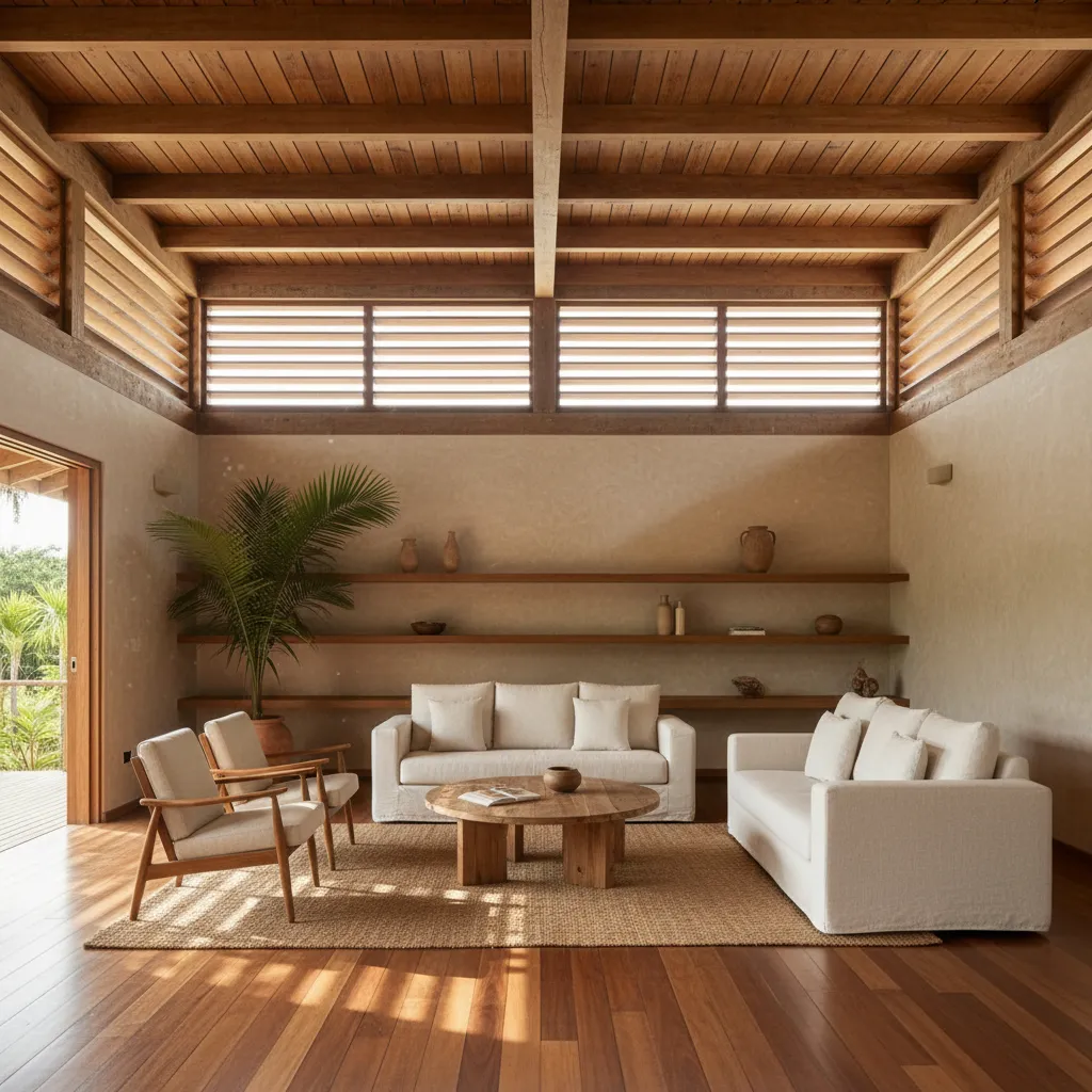 Interior de casa pequeña con techo alto y ventilación natural