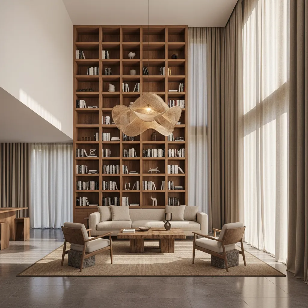 Sala con techo alto equilibrada con estanterías altas y lámpara grande