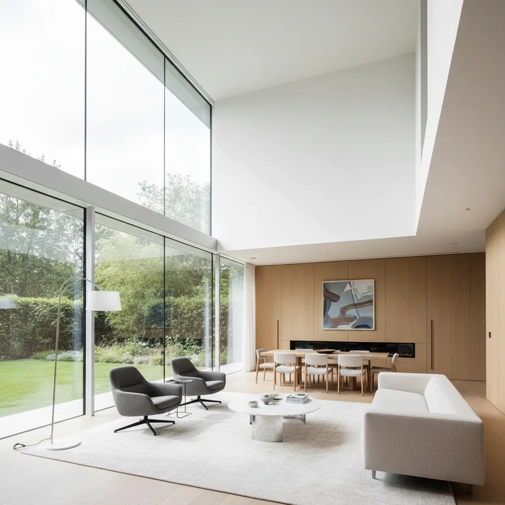 Salón moderno con techo alto y grandes ventanales
