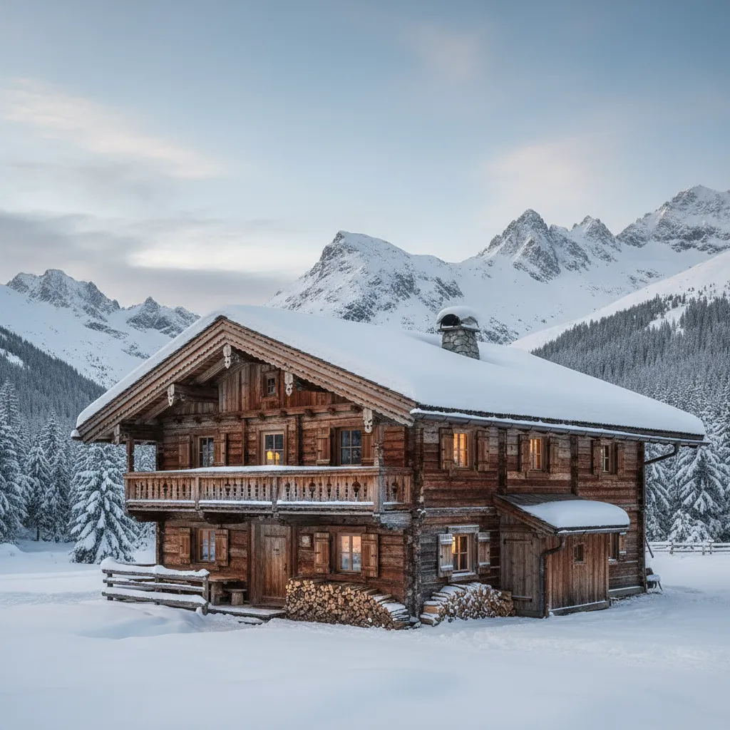 Techo inclinado de casa de montaña con nieve