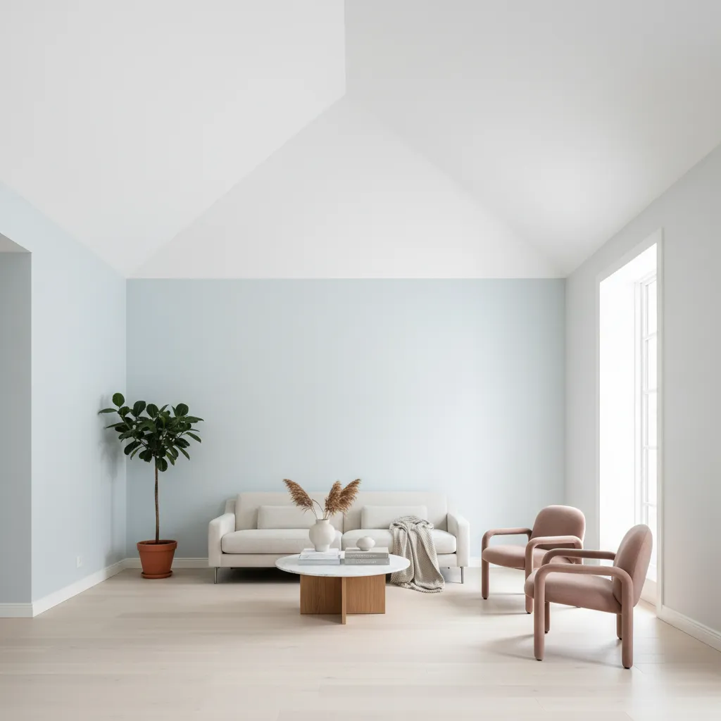 Minimalist living room with blue wall, white sofa, pink chairs, plant, table, and high ceiling